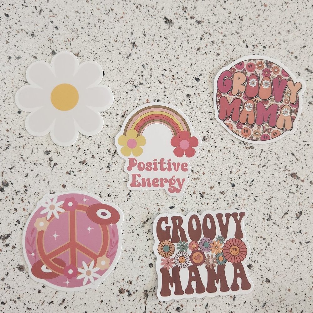 New 5 Piece Groovy Mama Retro Boho Floral Hippie Stickers